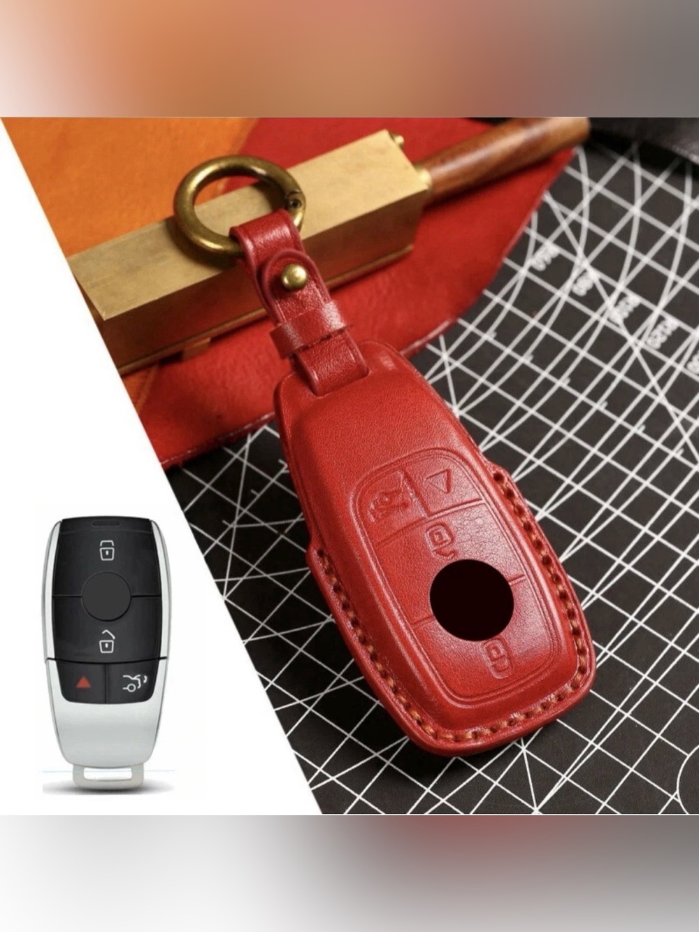 Red Leather Car Key Fob Cover